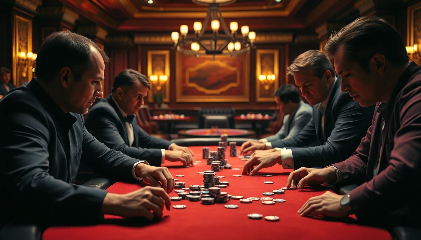 Engaging w88 casino poker table with focused players, showcasing tense atmosphere and high stakes.