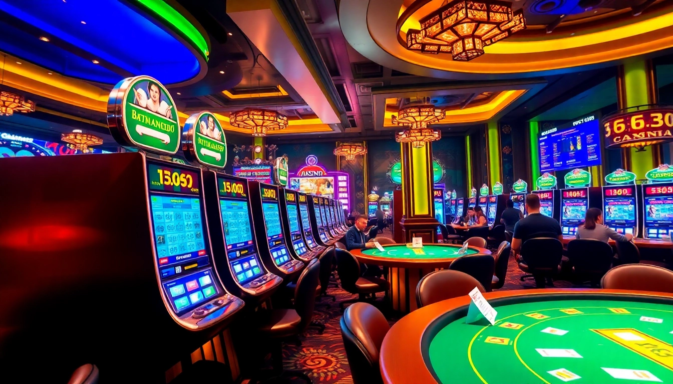 Experience the excitement of Batman138 with players engaging at luxurious slot machines in a vibrant casino.