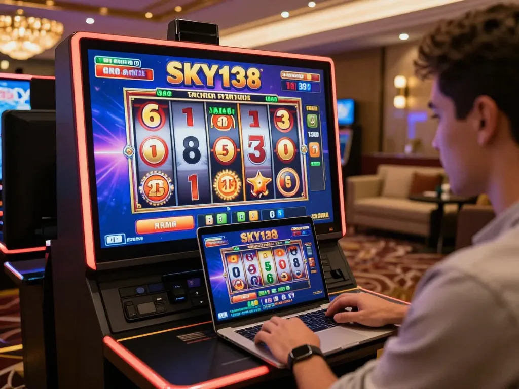 Pemain yang terlibat di platform SKY138 sambil memutar gulungan mesin slot yang berwarna-warni di laptop, menampilkan pengalaman bermain game online yang menarik.