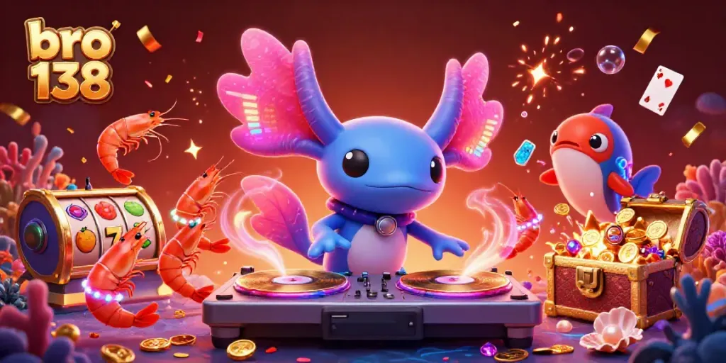 Spin to win at bro 138 with vibrant slot reels, DJ axolotl, and underwater treasures!