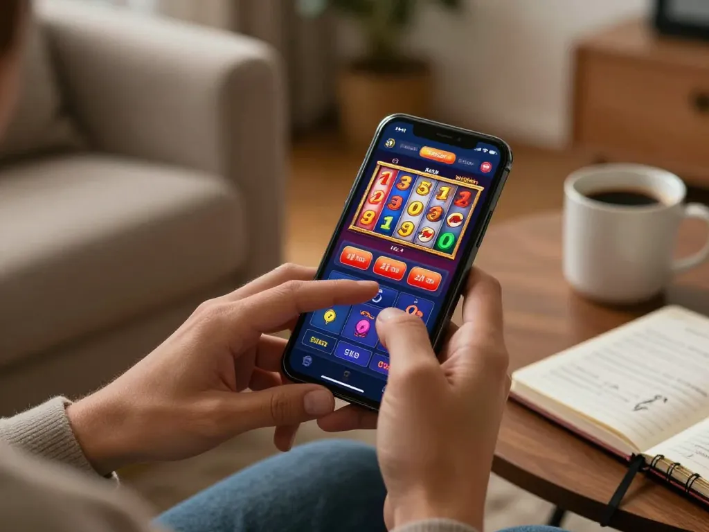 Pemain MPO1221 menggunakan smartphone untuk permainan slot langsung di sofa yang nyaman dengan catatan strategis.