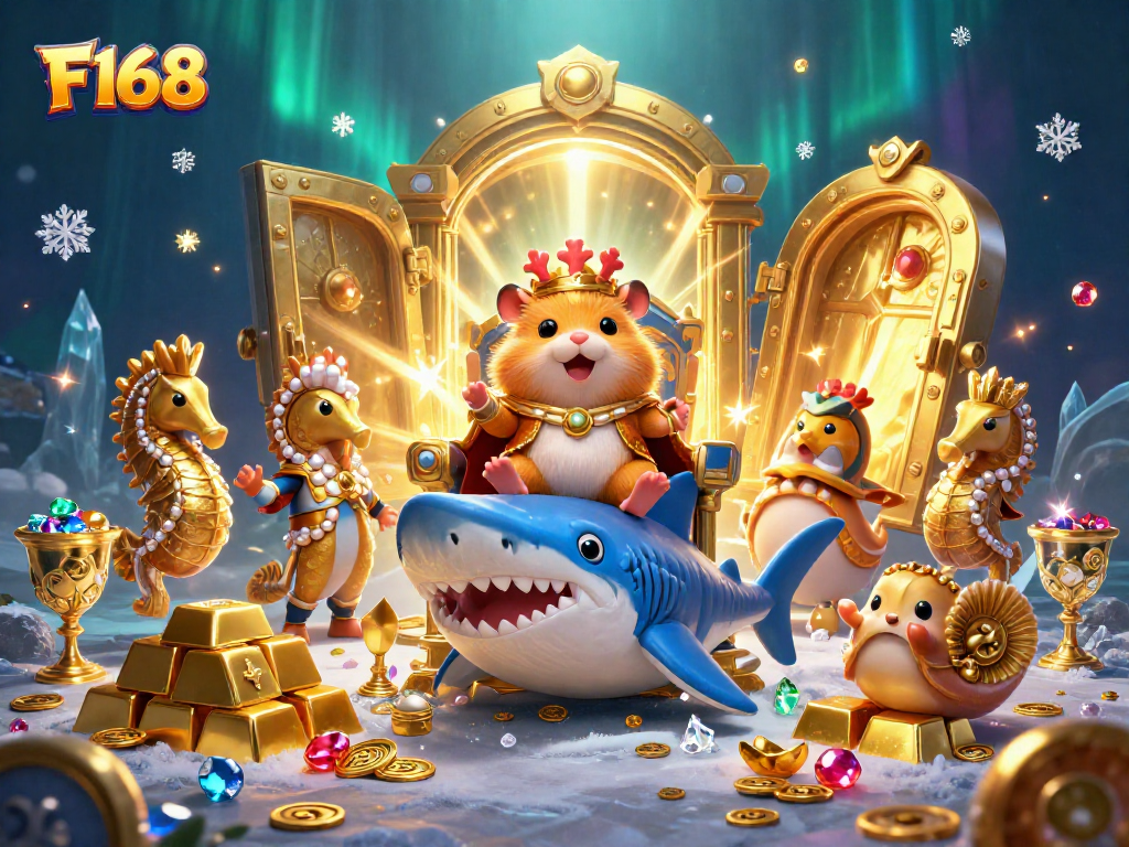 Join F168 for exciting wins with a golden hamster king in a vibrant casino-themed underwater scene.