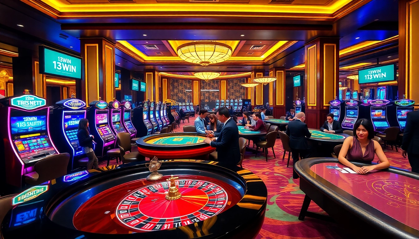 Excited players enjoying games at 13win nhà cái casino tables, showcasing luxury and professional gaming.