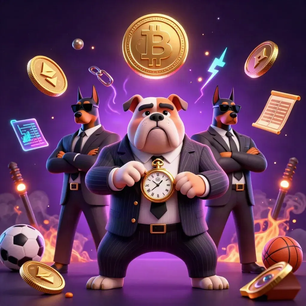 Bulldog boss and two Dobermans amid neon coins, sports gear, lightning, and a starry purple void.