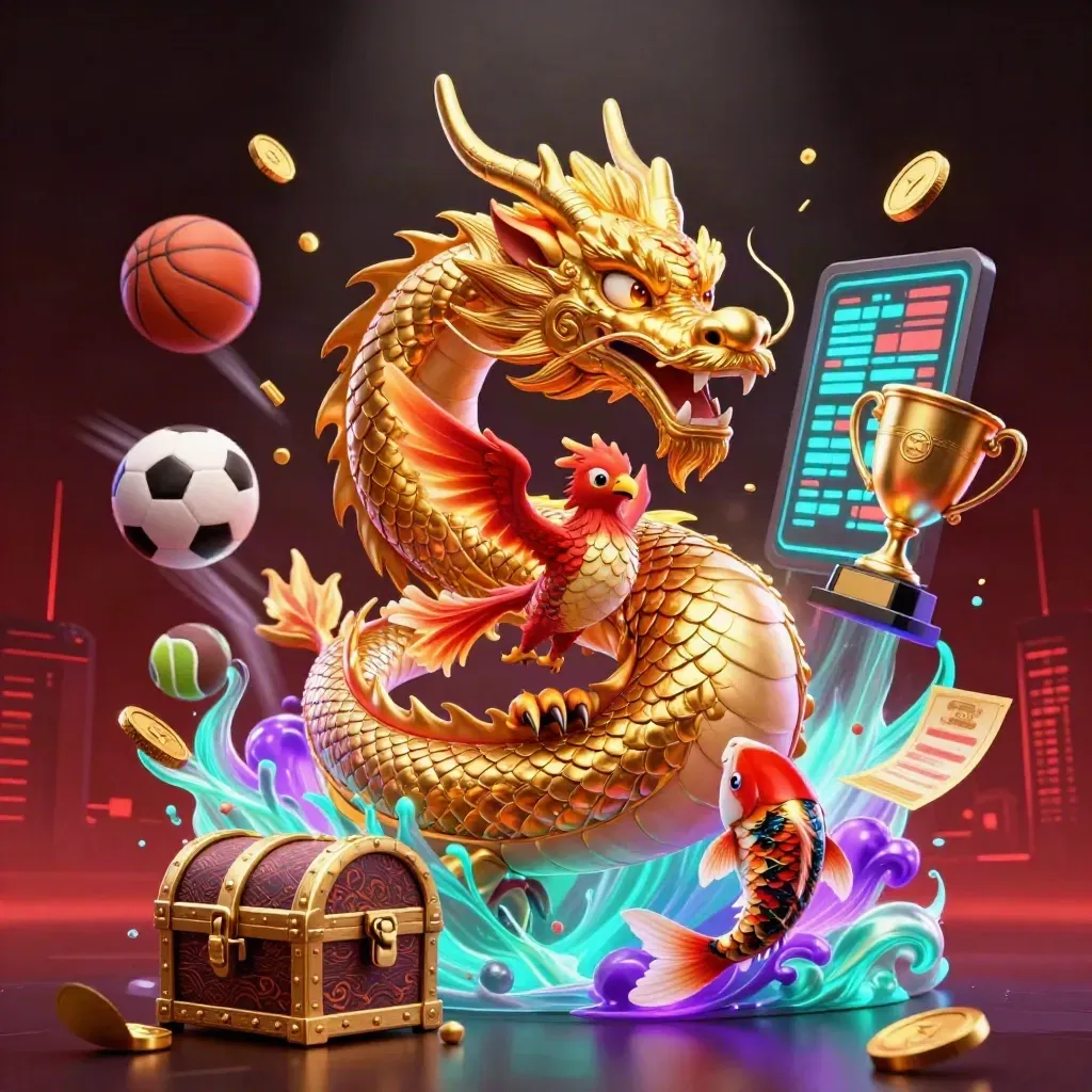 Golden dragon, phoenix and koi amid flying sports balls, coins and casino lights