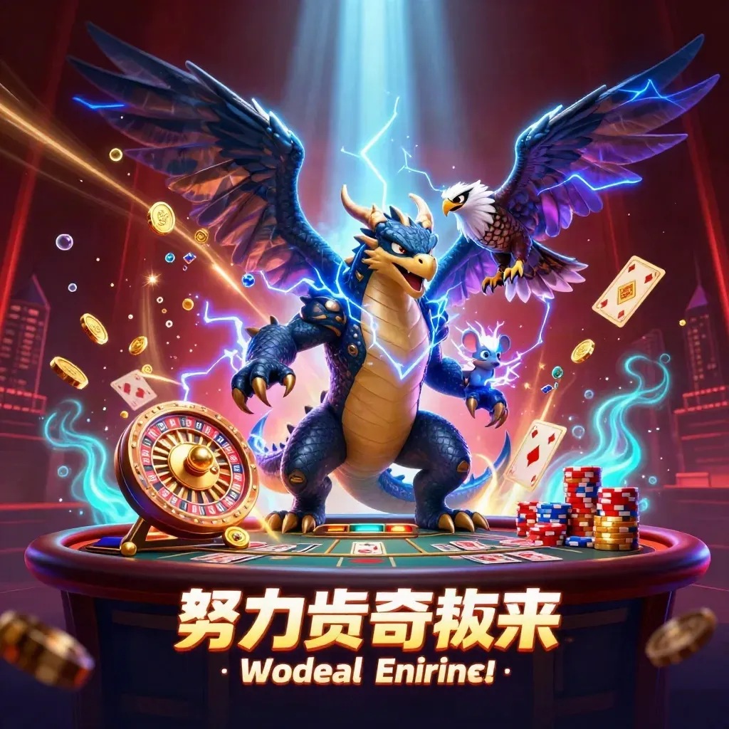 Thunder dragon, glowing hawk, and static mouse amid casino treasures in neon dark fantasy.
