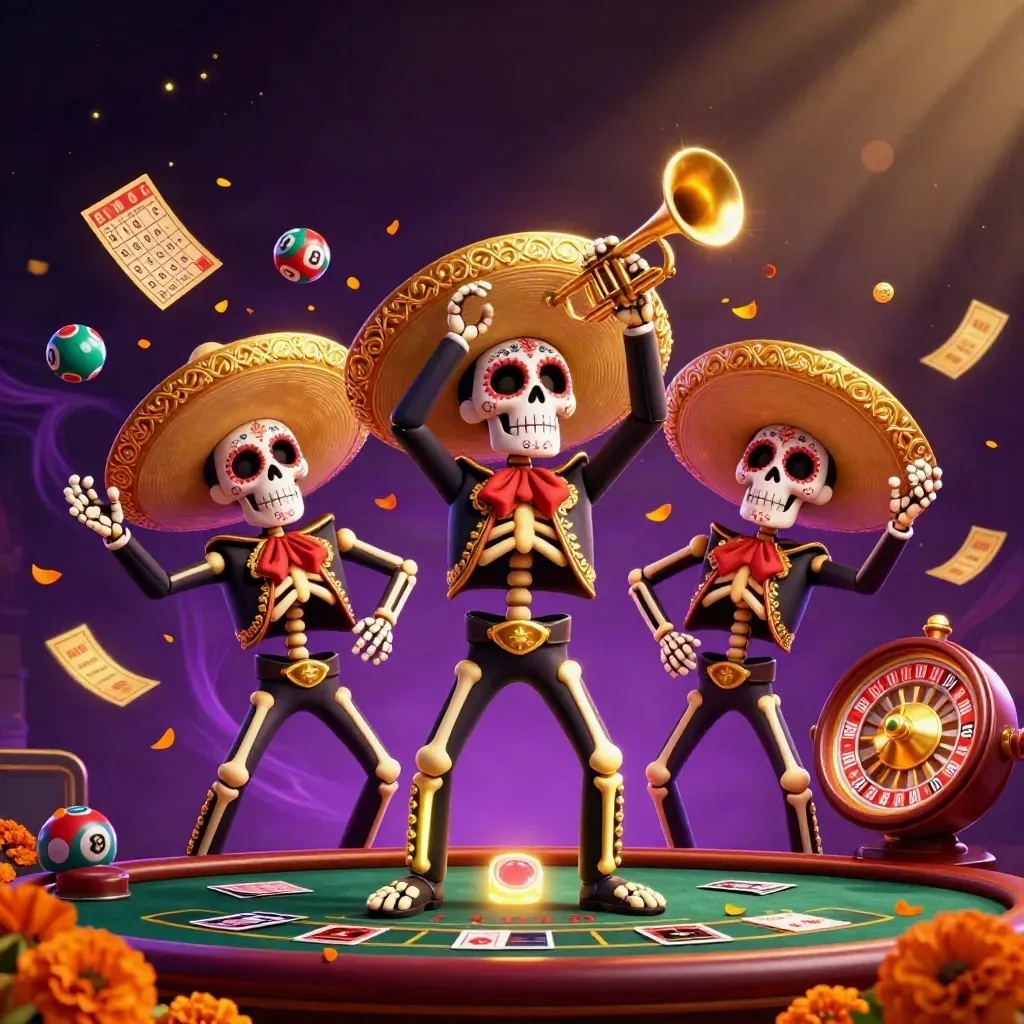 Three skeleton mariachi heroes amid casino games, gold light, petals, and purple shadow.