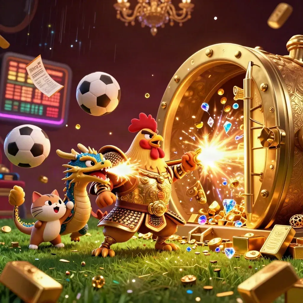 Rooster warrior, dragon hatchling, and fortune cat amid a golden casino sports explosion