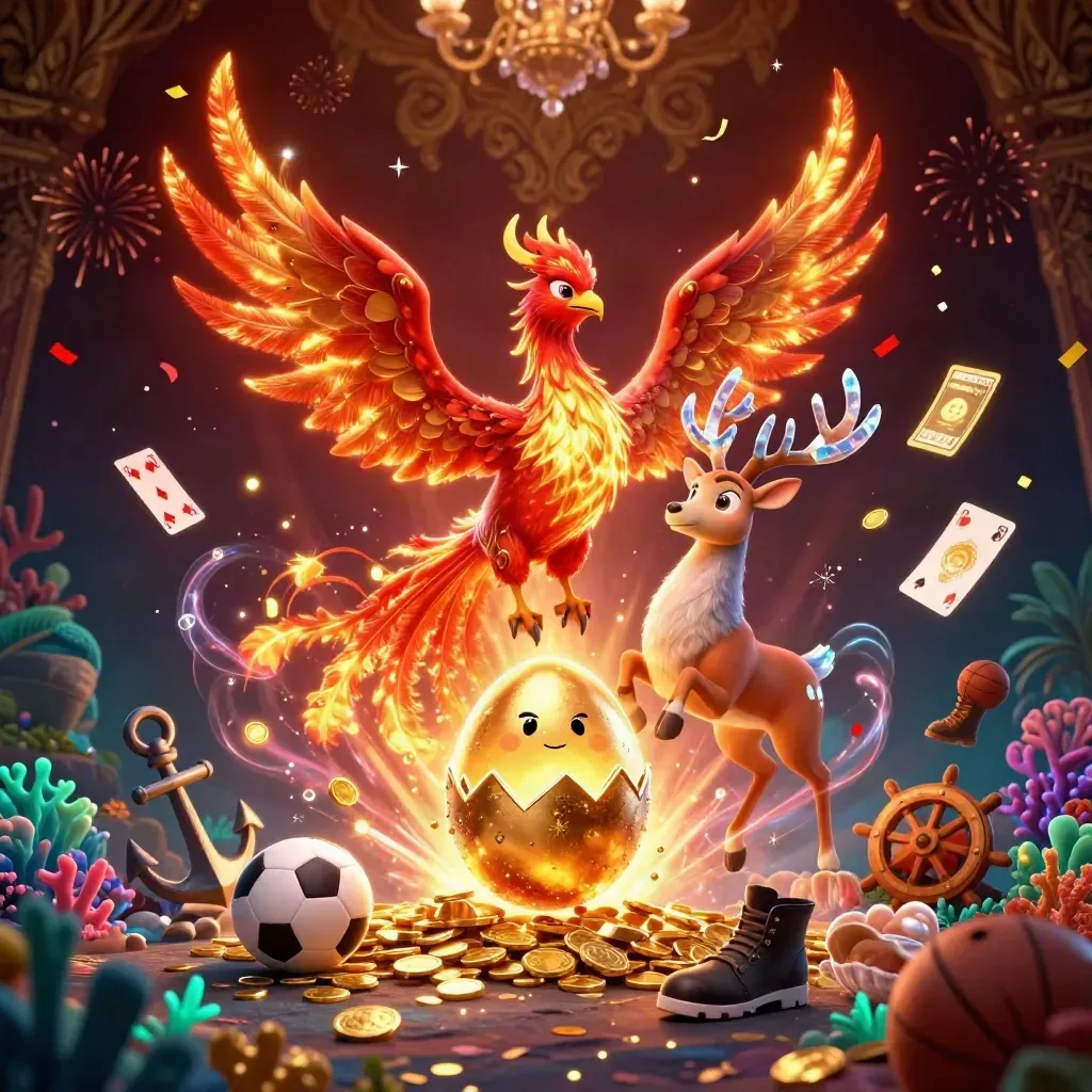 Fire phoenix, baby phoenix, crystal stag, gold coins, sports balls, and casino treasure in neon gloom