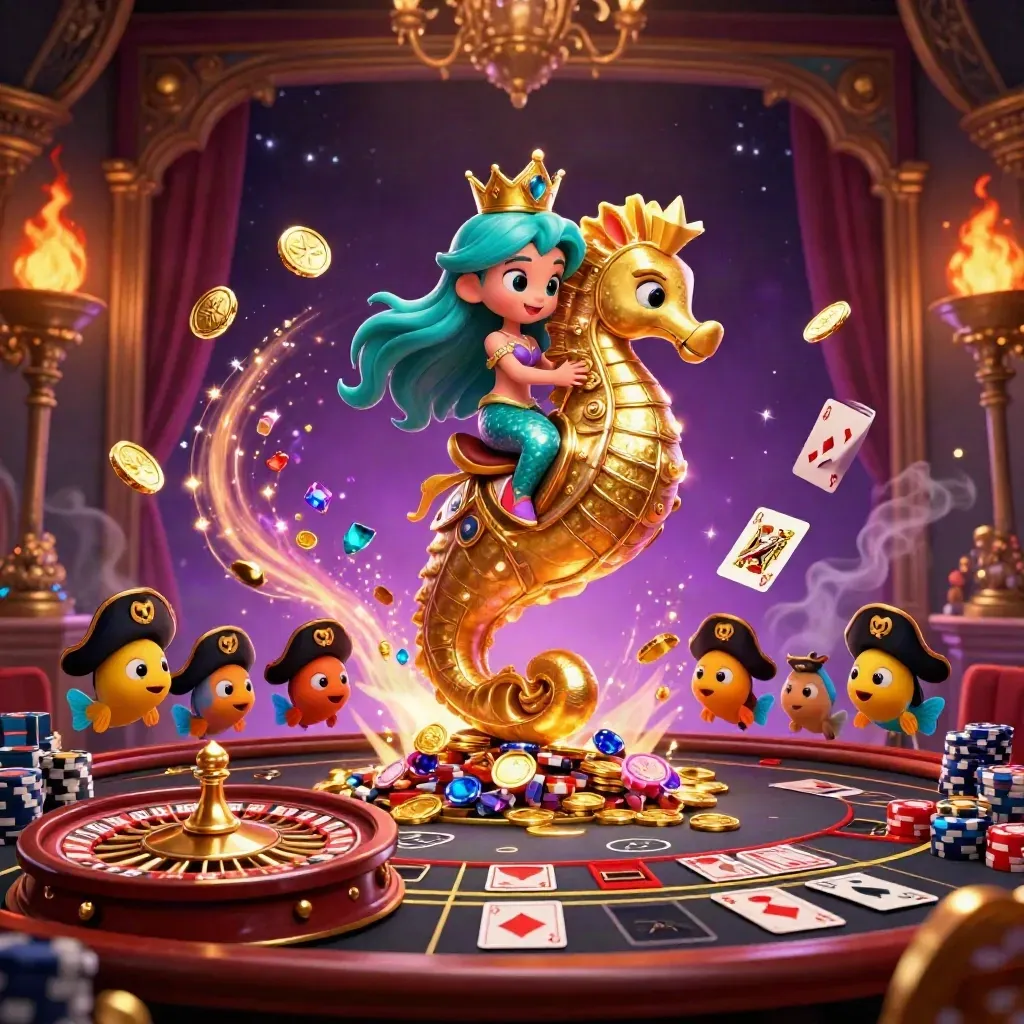 Mermaid princess on a gold seahorse amid casino magic, coins, cards, chips, and a spinning wheel.
