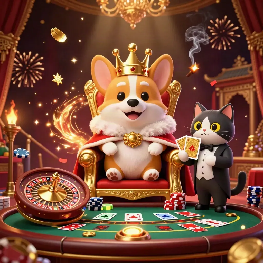 Royal corgi and cat butler in a luxe casino scene with roulette, gold, smoke, and chandeliers.