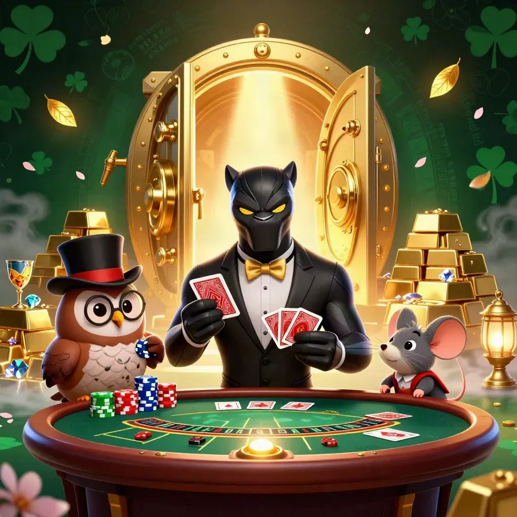 Panther, owl, and mouse in a glowing vault casino with gold, gems, and petals.