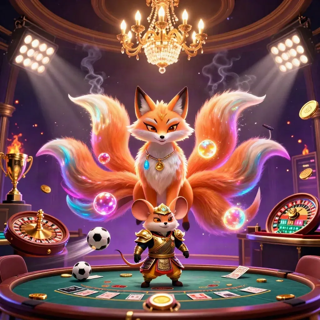 Nine-tailed fox spirit and armored mouse amid casino lights, roulette, balls, trophy, coins.