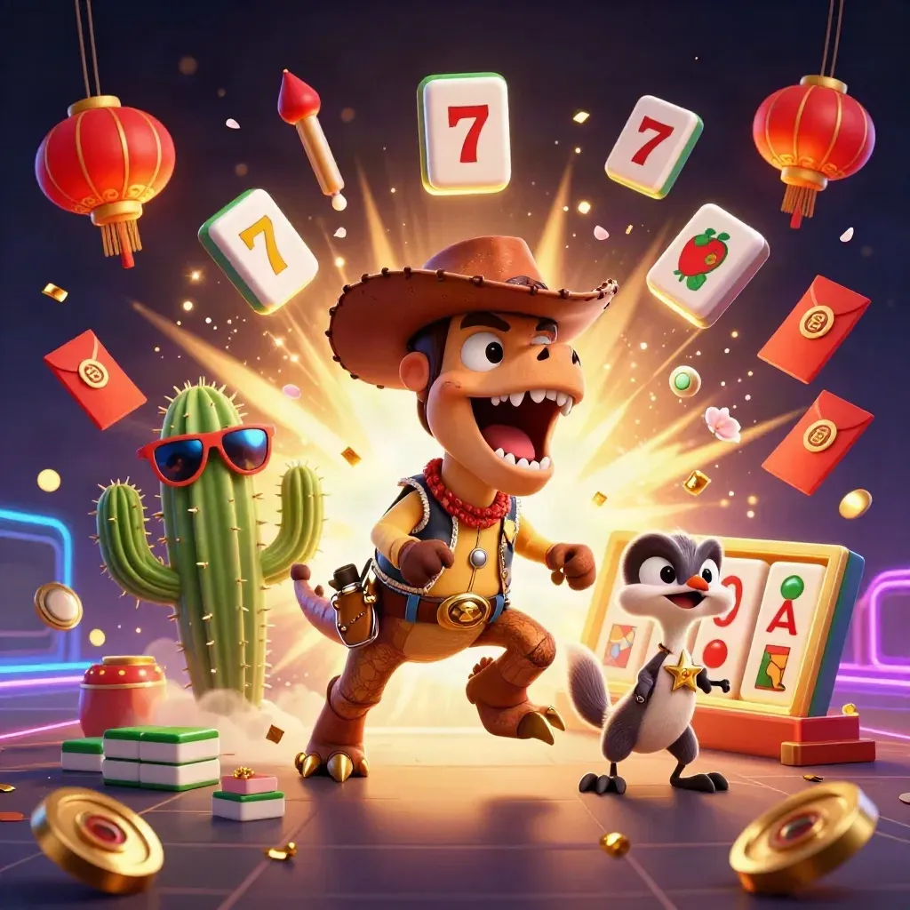 Cowboy T-Rex, cactus sidekick, and roadrunner burst through casino treasure and neon effects.