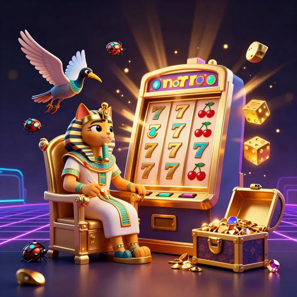 Pharaoh cat, ibis scribe, and gem-wing scarabs amid jackpot blasts and gold treasure