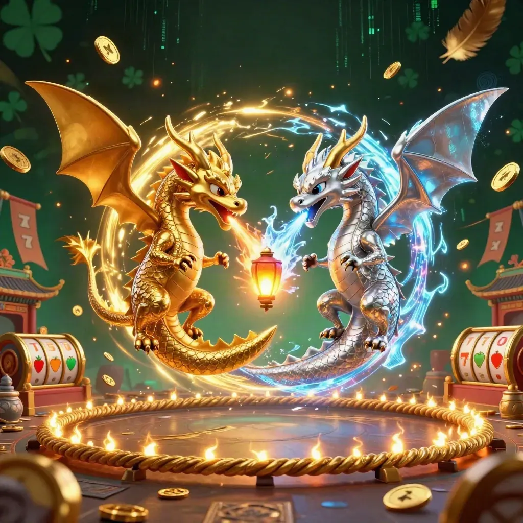 Twin gold and silver dragons spiral in fire and ice around a lantern spirit amid casino treasure and neon effects.