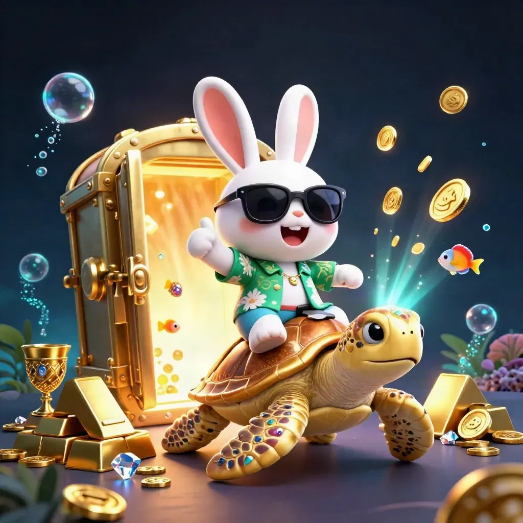 Lucky rabbit in shades rides a jeweled sea turtle as treasure bursts in neon blue casino water.