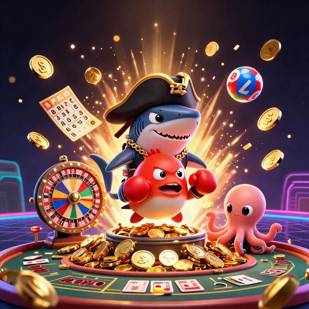 Pirate shark, red pufferfish and octopus amid exploding coins, neon grid, and casino props.