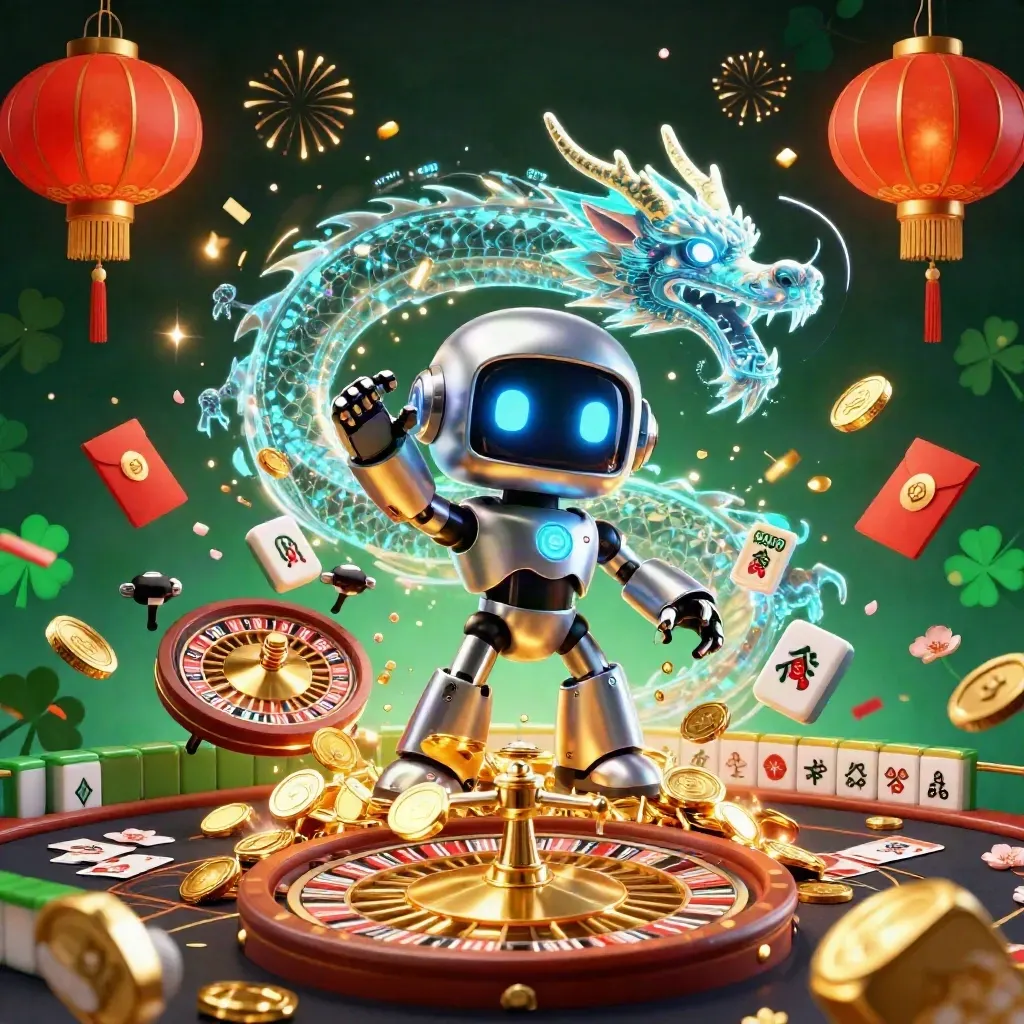 Cyberpunk robot, holographic dragon and coin drone amid casino coins, lanterns, fireworks and jade.