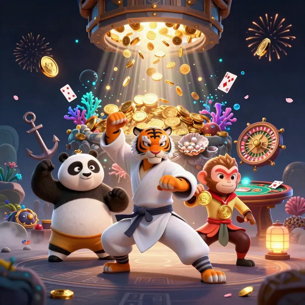 Tiger, panda, and monkey amid casino treasure, coins, cards, coral, and fireworks
