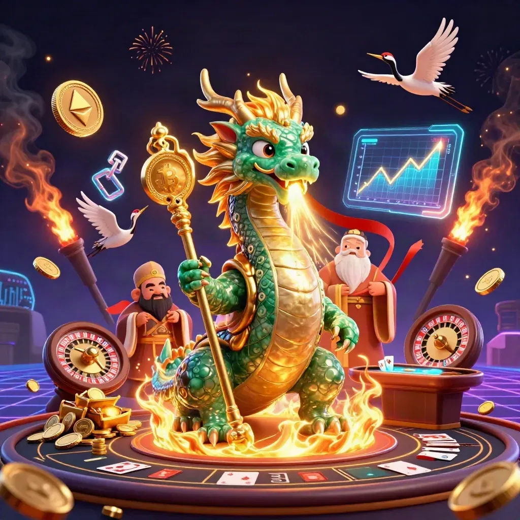 Jade dragon, turtle sage, and cranes burst amid gold coins, casino lights, and neon effects.