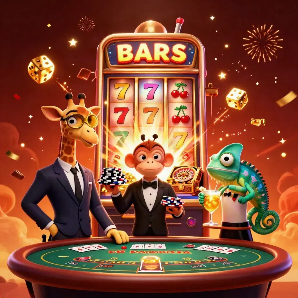 Cartoon giraffe, monkey, and chameleon amid casino jackpots, coins, fireworks, and neon glow.