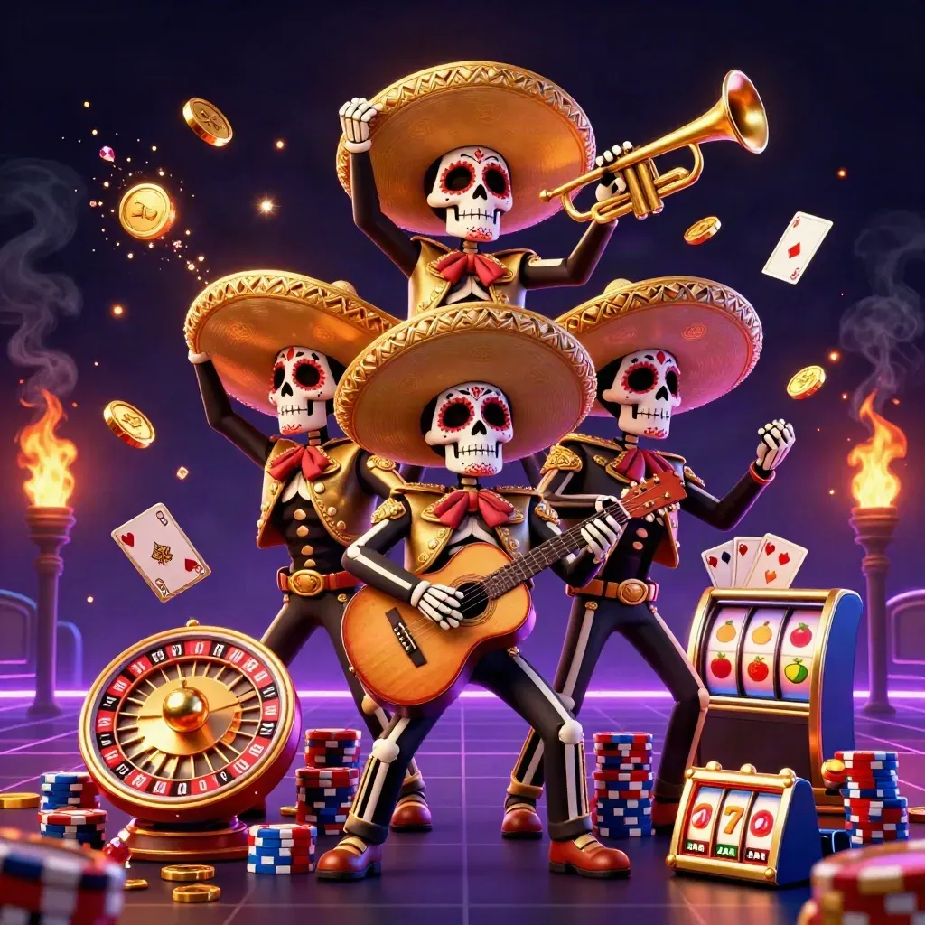 Skeleton mariachi trio with coins, roulette wheel, chips and neon casino effects