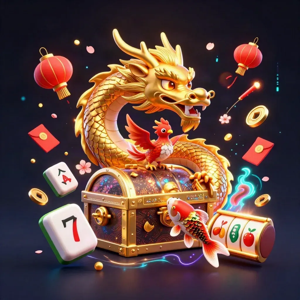 Golden dragon, phoenix, koi, and casino symbols burst over dark neon background