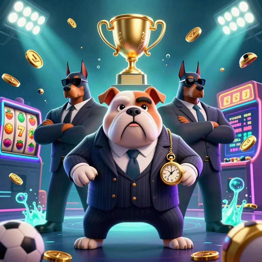 Bulldog boss with two bodyguards amid flying sports balls, coins, reels, trophy, and underwater neon glow.