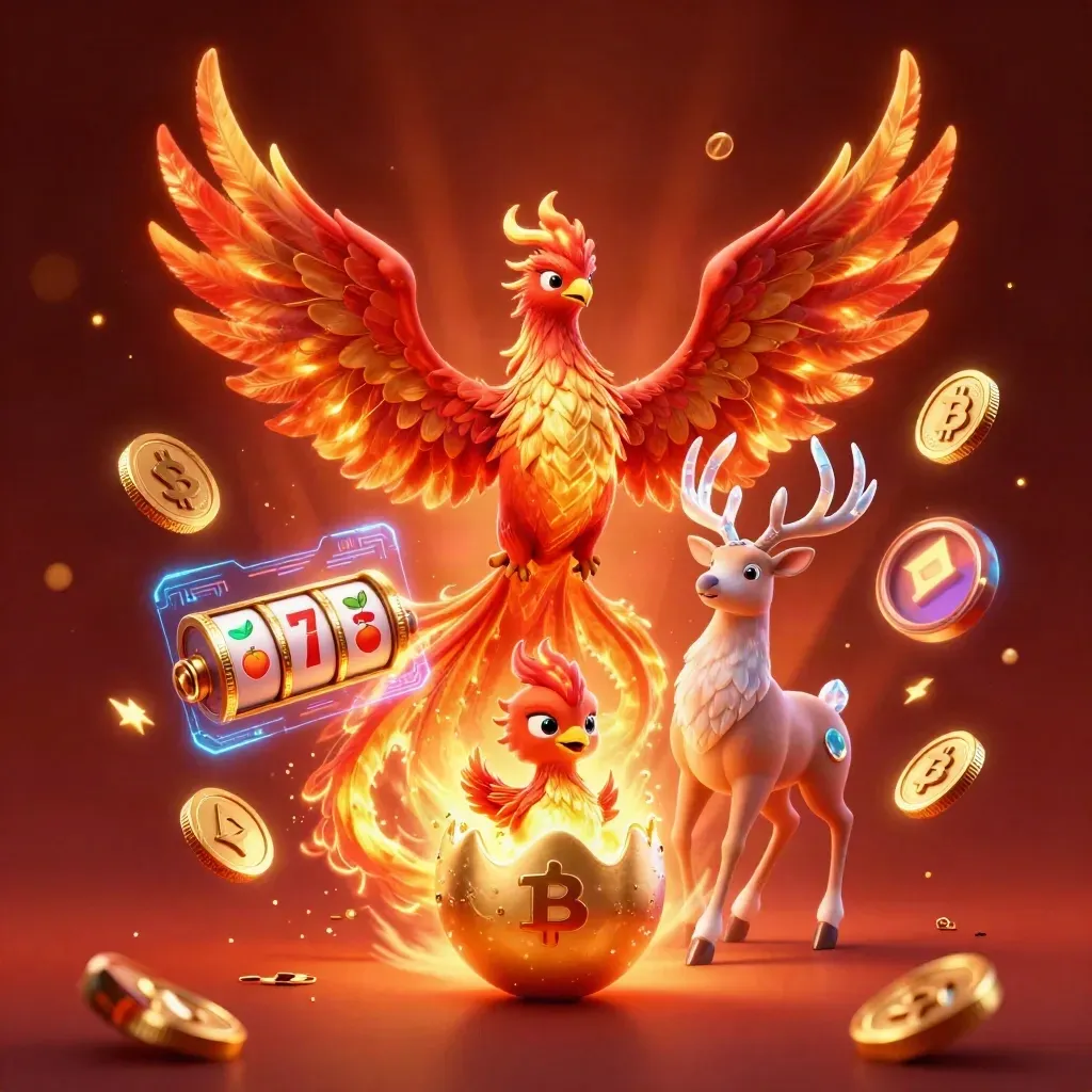 Crimson phoenix, hatchling and crystal stag amid casino coins, lightning and ember glow.