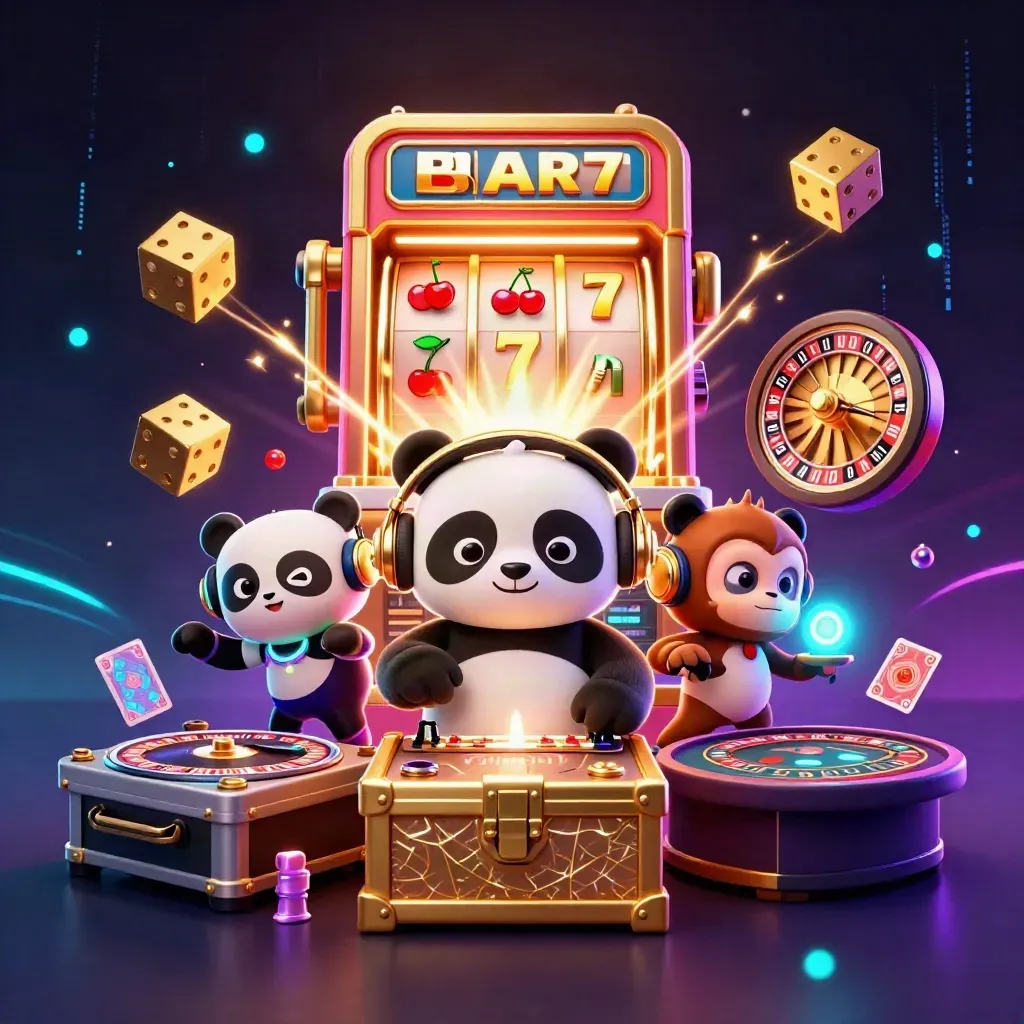 DJ panda, dancing monkey, and glow-stick kitten amid jackpot effects and neon casino energy