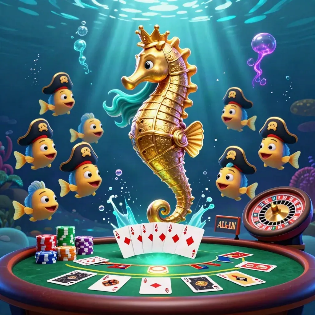 Mermaid princess on a golden seahorse amid casino cards, chips, and glowing underwater light.