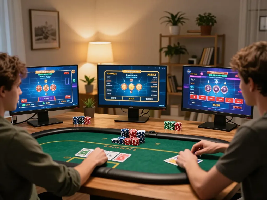 GO8 player enjoying a strategic online poker game, highlighting home gaming setup with vibrant screens