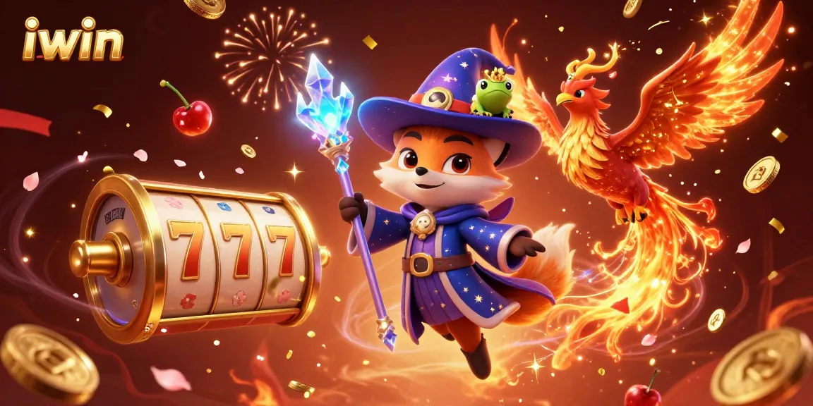 Engage with iwin's thrilling 3D casino experience featuring a wizard fox and vibrant slot elements.