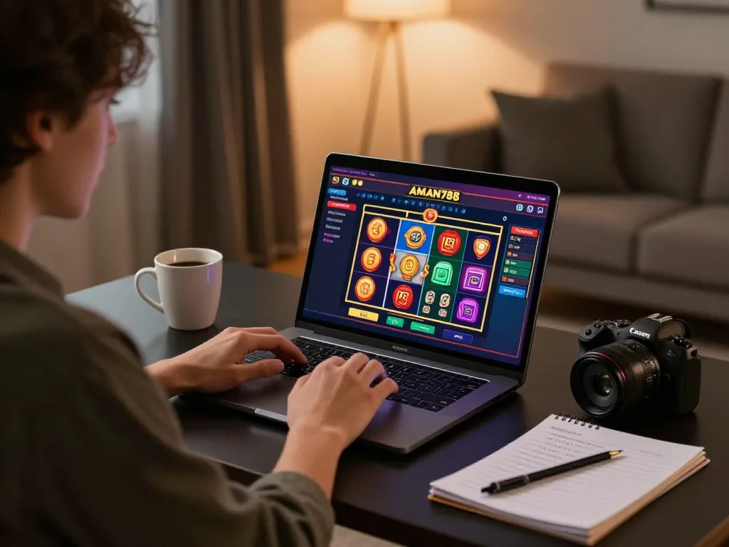 Pemain sedang memainkan permainan slot AMAN788 di laptop dalam pengaturan permainan rumah yang nyaman