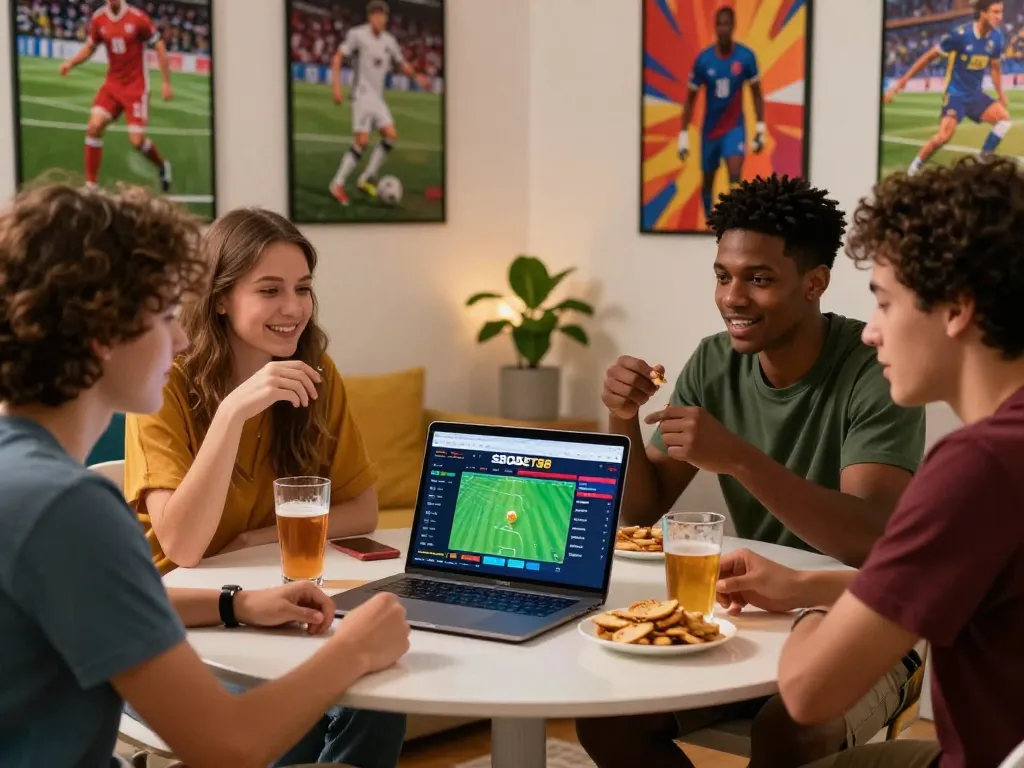 SBOBET88 betting excitement in a lively social setting with friends discussing online gaming.