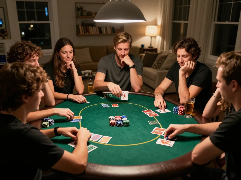 Players enjoying an intense poker night at home, showcasing strategic moments with cards and chips, ko66 atmosphere