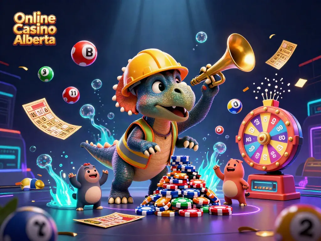 Engage with thrilling games at Online Casino Alberta, featuring lively animations of casino characters celebrating wins.