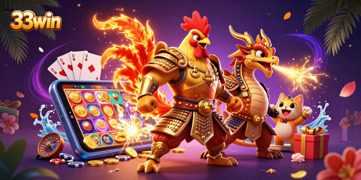 Experience thrilling action with 33win's 3D illustration featuring a rooster warrior and dragon in a rich casino setting.
