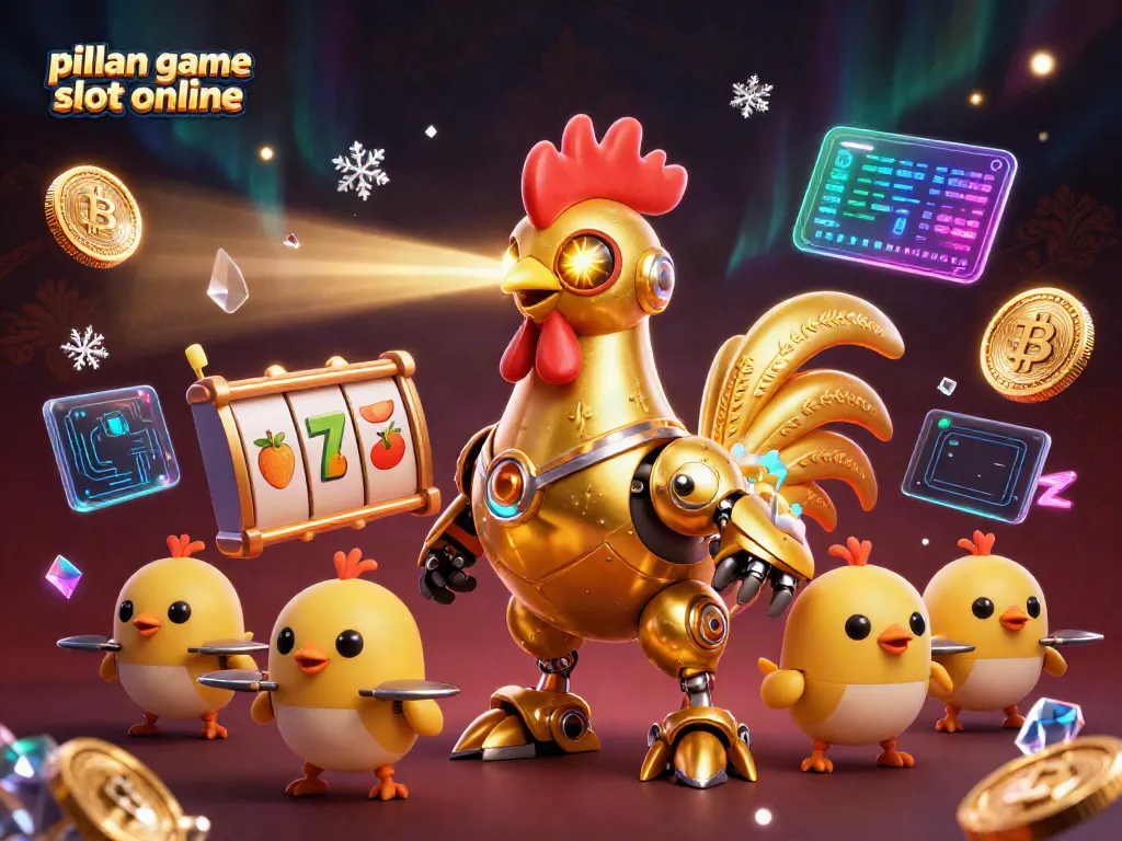 Menampilkan pilihan game slot online dengan karakter robot dan elemen kasino digital yang menarik.