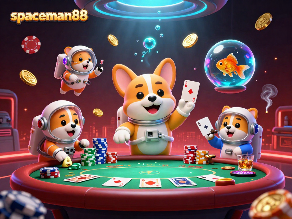 Engage with spaceman88 in a thrilling floating casino scene filled with chips and coins.