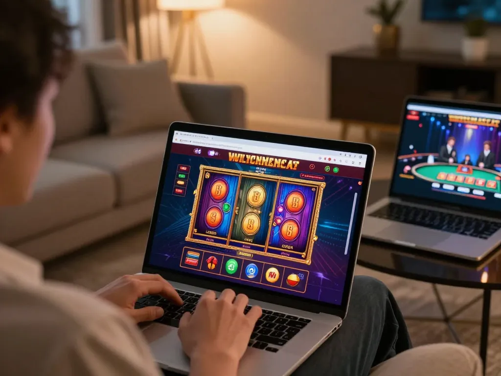 Engaging online gaming experience with vibrant 8xbet slot games displayed on tablet, inviting setting