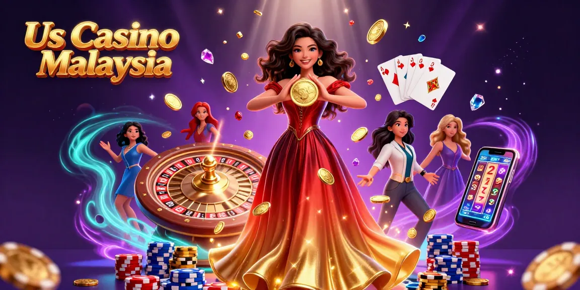 Experience thrilling gambling action at Us Casino Malaysia with golden coins, cards, and dynamic gaming elements.