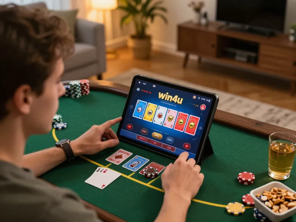 Engaged player experiencing the win4u casino poker game on a tablet in a cozy home setting.