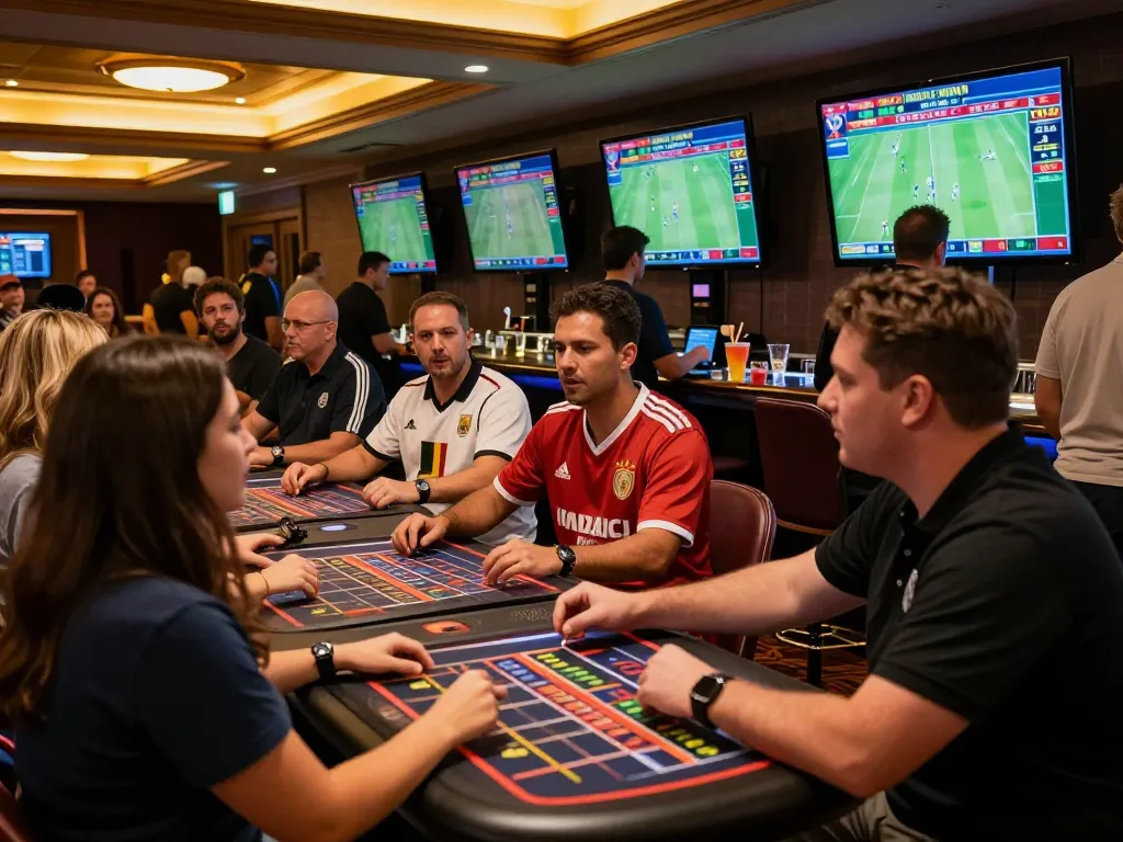 Kèo nhà cái sports betting enthusiasts engaged in live betting at a luxurious casino.