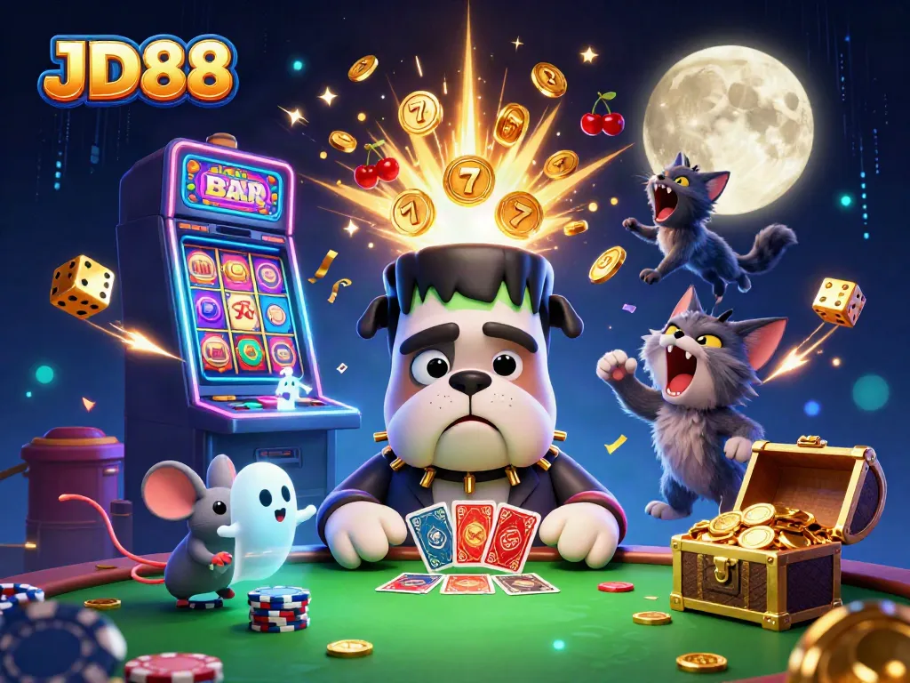 JD88 showcases a lively casino scene with a frog monster dealer, ghost mouse, and werewolf kitten, immersed in gaming action.