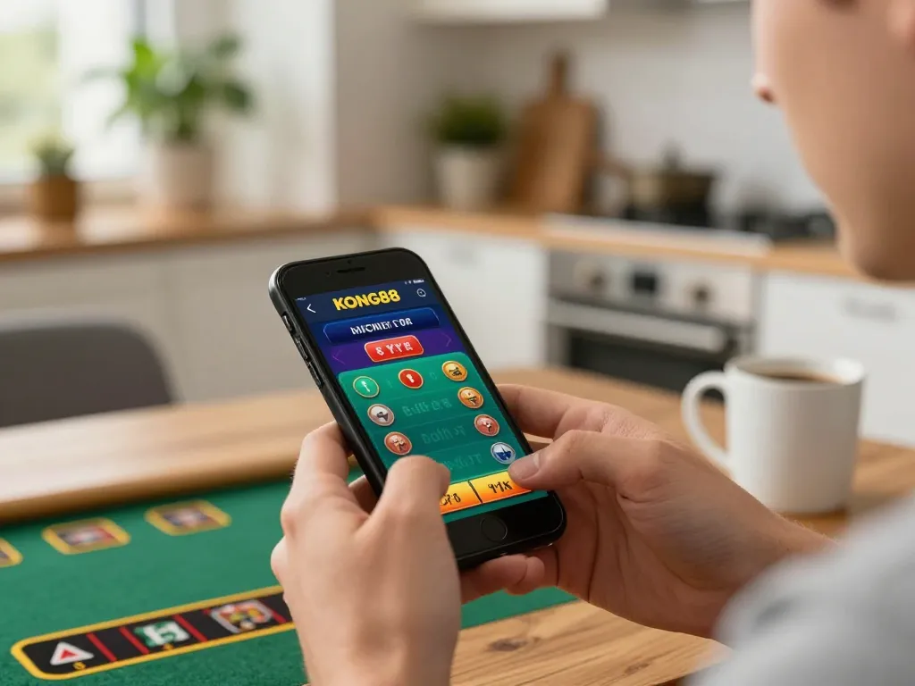 KONG88 mobile player enjoying live dealer games in a cozy kitchen setting.