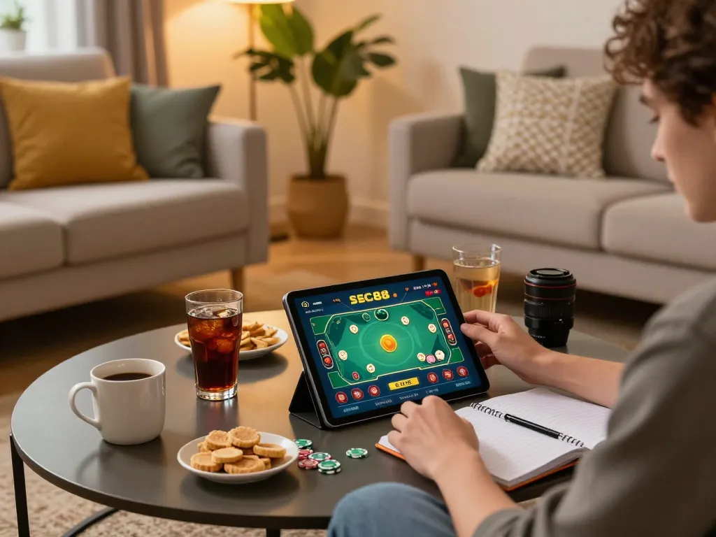 Gambling enthusiast using SC88 app at home, surrounded by snacks and notes.