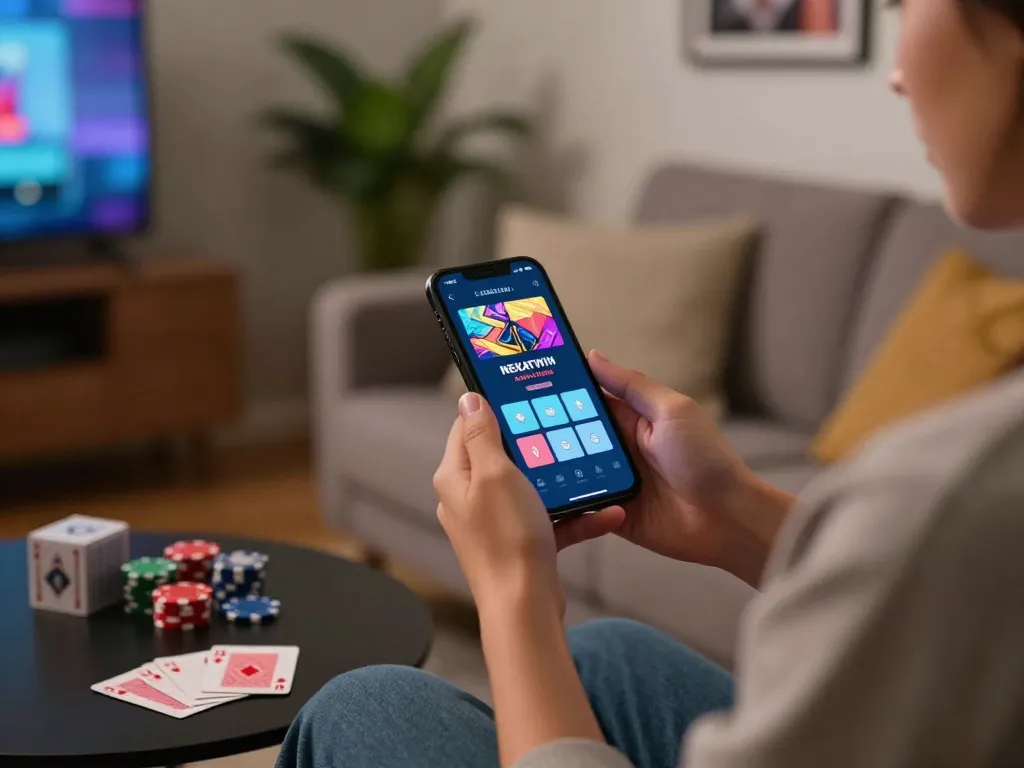 Player enjoying NEKATWIN app on smartphone in a cozy living room, showcasing mobile gaming excitement.