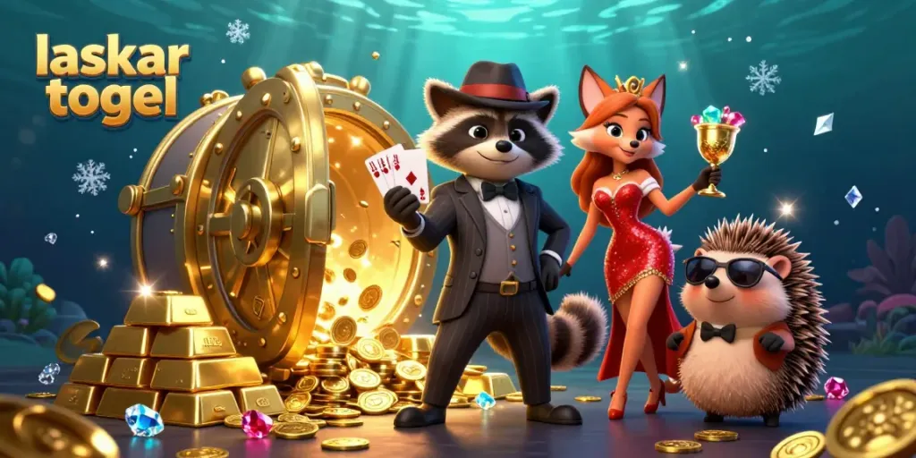 Laskar togel showcases a suave raccoon holding a royal flush in a vibrant 3D casino scene.